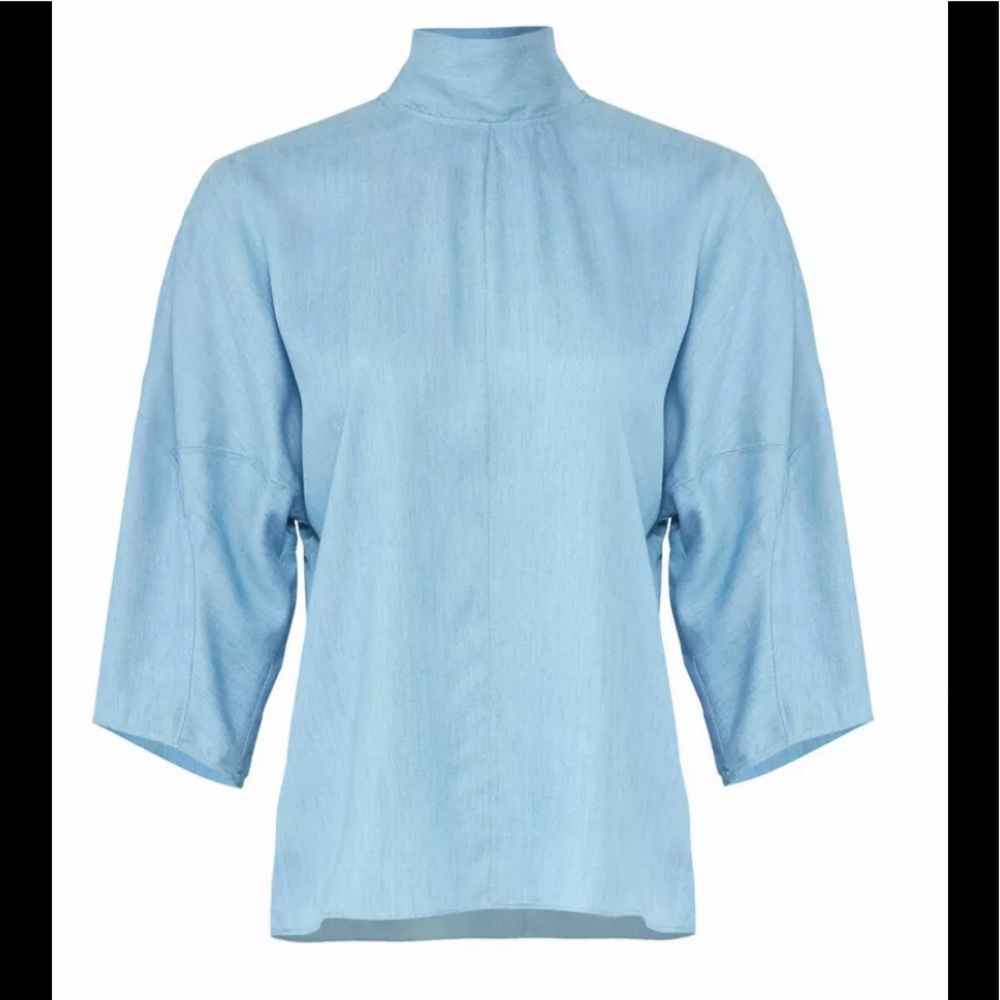 TIBI Baby Blue Chambray Top Tie Blouse M High Neck